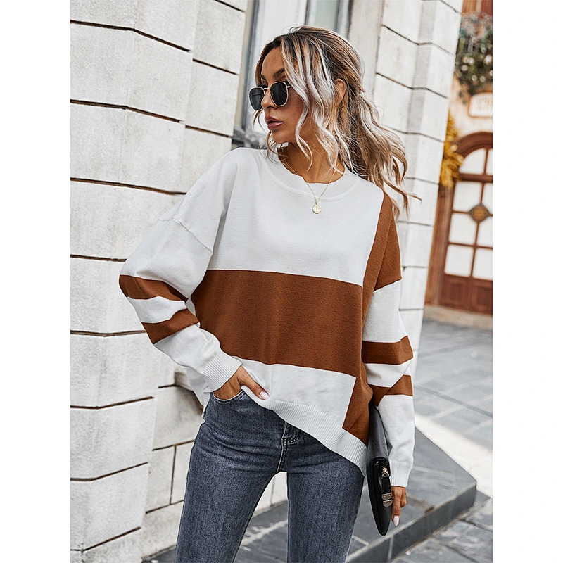 Women sweaters color blocking irregular hem loose knit sweater bat sleeve pullover sweater