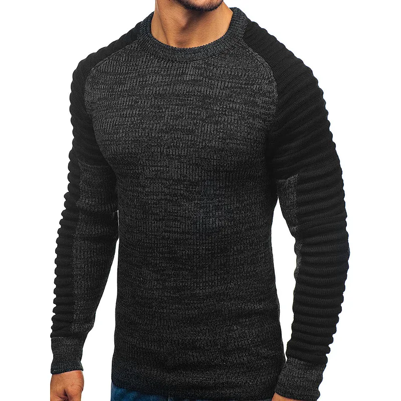 Round neck raglan sleeves striped pleated knit youth men's pullover sweaters
