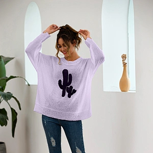 New style fashionable soild color round neck long sleeve pullovers cactus pattern casual clothes women sweater