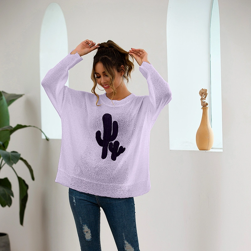 New style fashionable soild color round neck long sleeve pullovers cactus pattern casual clothes women sweater