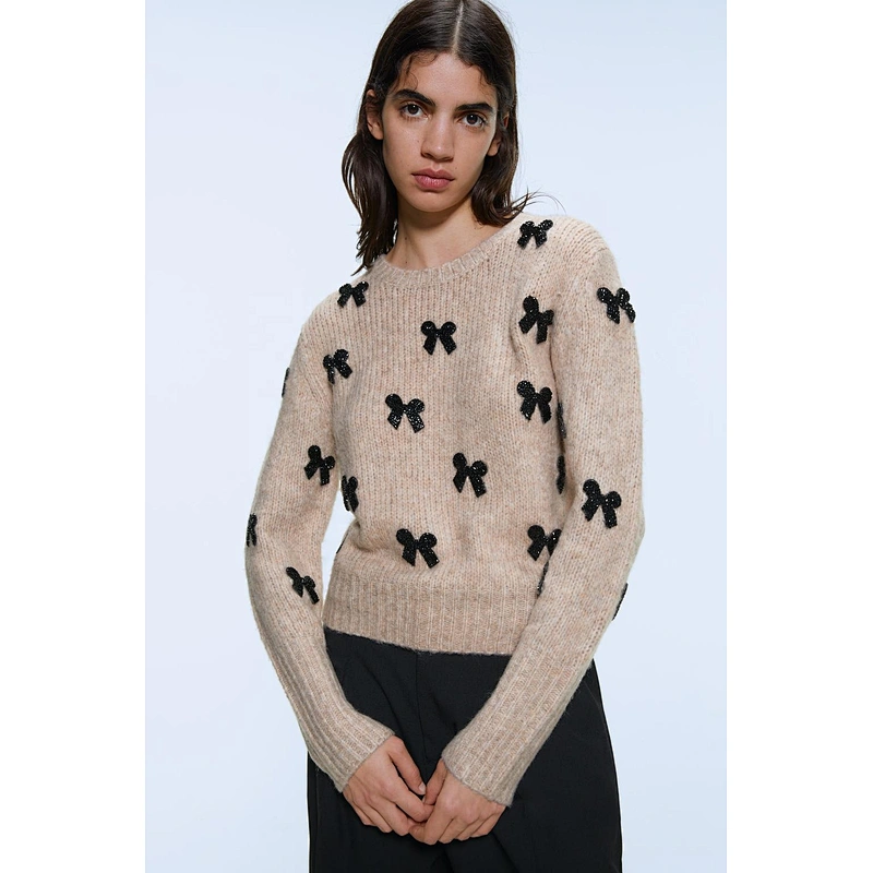 Elegant Bow Tie custom jacquard designer sweaters woolen Vintage knit crop sweaters for women