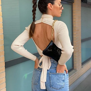 Winter fashion ladies long sleeve backless sweater knitting crop tops knitted sweater for women