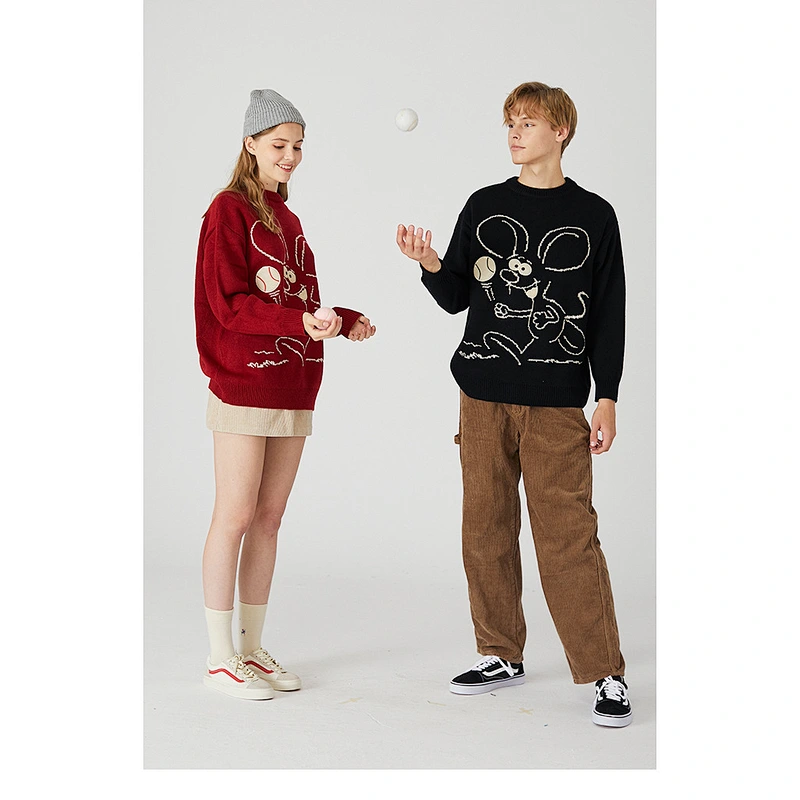 Mens cropped knitted crew neck sweater oversized heavy mouse couple pullover soft knit sweater