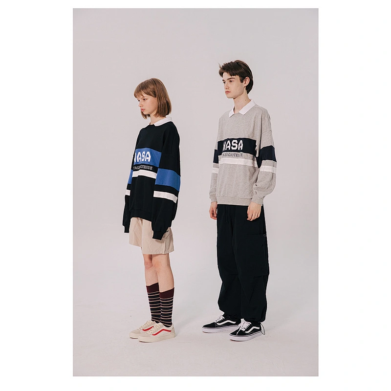 Autumn clothing women vintage polo pullover hoodie no pocket custom men grey pullover color block hoodie