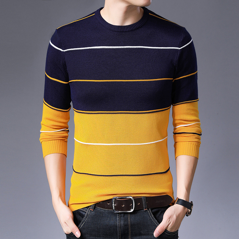 Men Casual O Neck Sweater Pullover Autumn Winter Knitwear mens jumper Striped Cotton Men Jersey Hombre basic Sweaters
