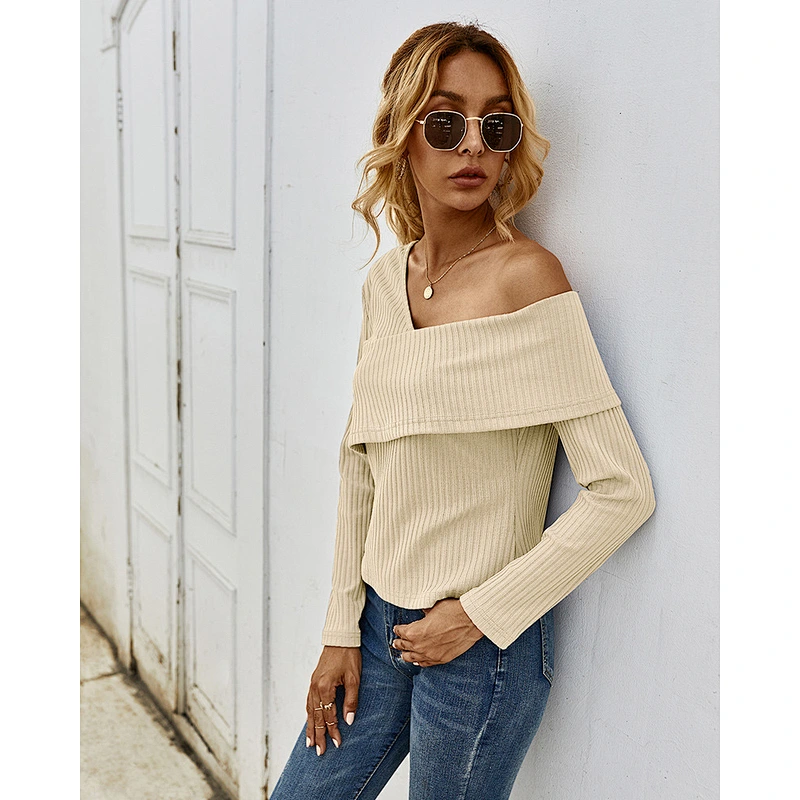 Women clothing pure color rib tops sexy basic knitwear off-the-shoulder long sleeve t-shirt