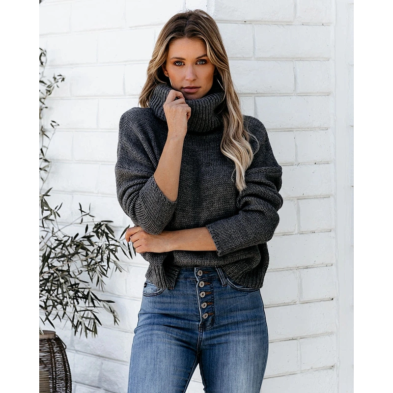 Women fashion clothes turtleneck pullover sweater crew neck casual sweater