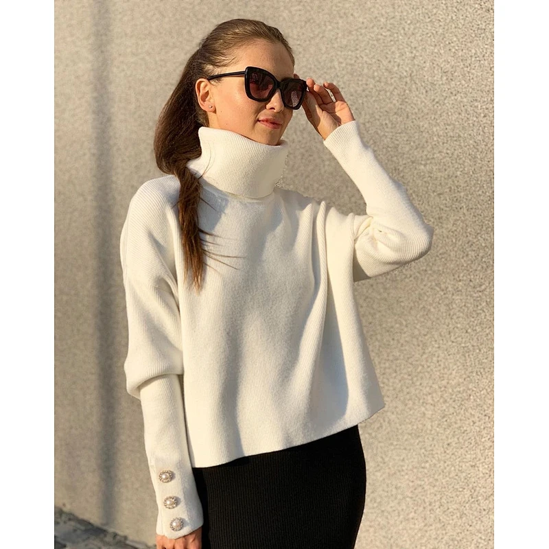 2020 Fshion female elegant pure color pullover sweater  blue boho turtleneck sewater with buttons women