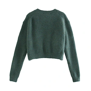 Fall Pockets plaid Cropped ladies cardigan top sweater oversized  knitted women sweater