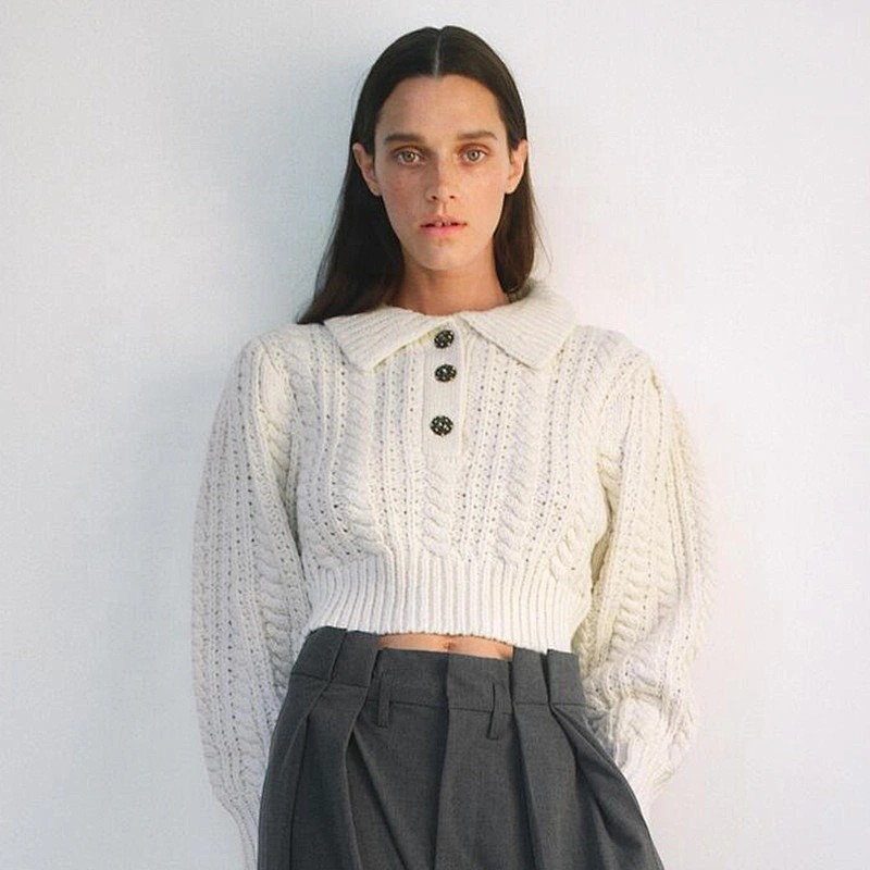 cotton cardigan for women  Lantern Sleeve sweater tops women Rhinestone Buttons Cropped Cable-Knit turtleneck sweater