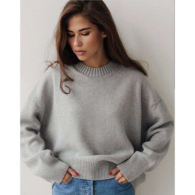 Women's casual solid color pullover sweater women fall rib knit long sleeve crew neck classic sweaters