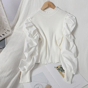 Women's knit sweater puff sleeves pullover round neck fall solid color tops blouses
