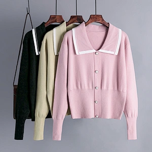 pearl button loose cardigan sweater women long sleeve collar top short jacquard turtleneck knit sweater