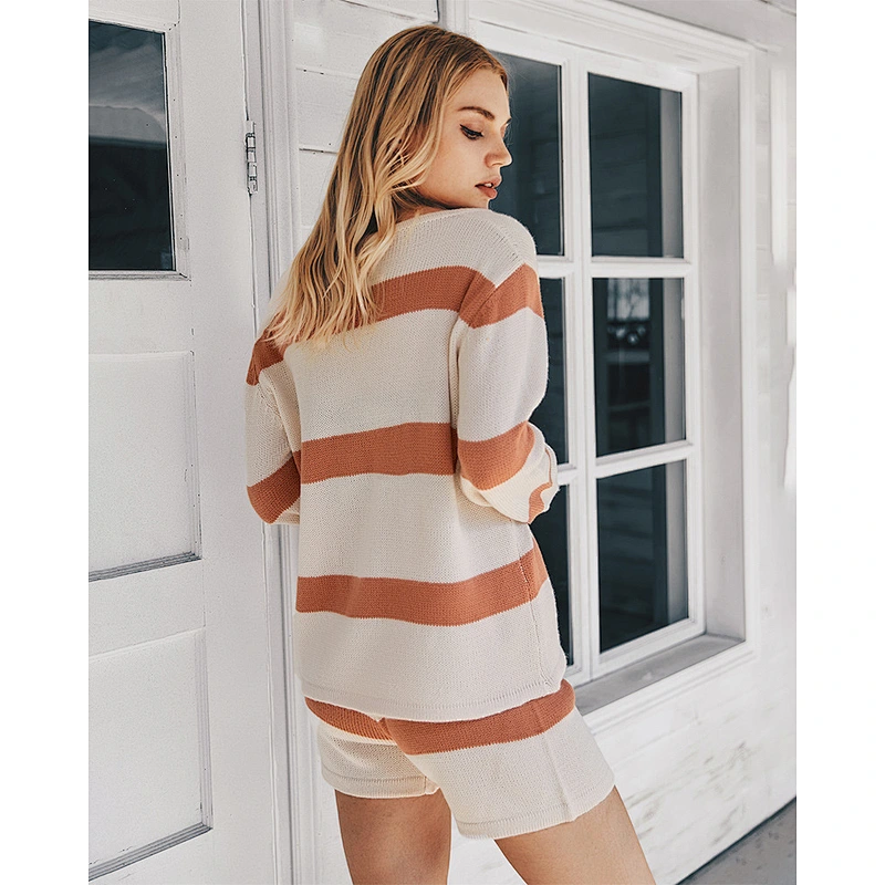 Women sweaters fashion striped two piece set knitwear ladies pajamas apparel stock