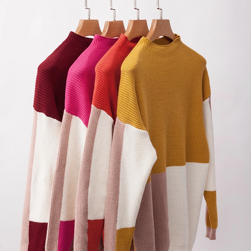 Western style new high quality women splice color sweater top autumn long sleeve polyester/cotton casual sweaters