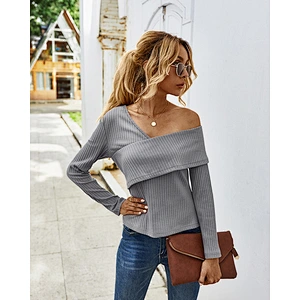 Women clothing pure color rib tops sexy basic knitwear off-the-shoulder long sleeve t-shirt