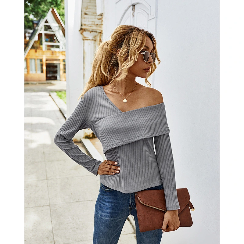 Women clothing pure color rib tops sexy basic knitwear off-the-shoulder long sleeve t-shirt