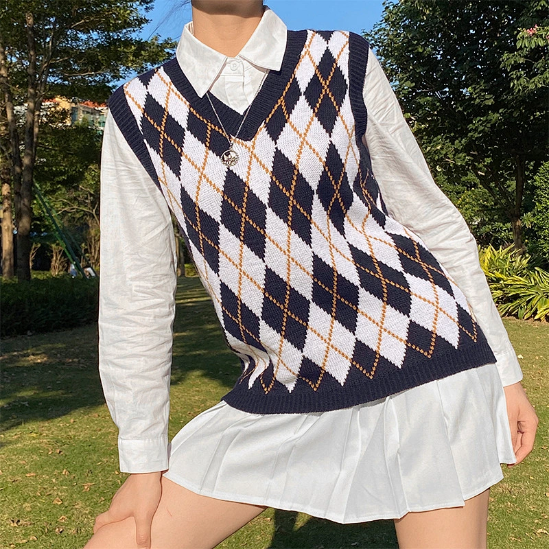 V neck wool knitted jacquard knitwear blouses diamond autumn women sweater vest