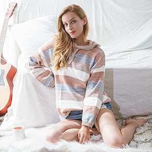 Fall winter color stitching blouses women's hoodies loose long sleeve casual knitwear sweater tops