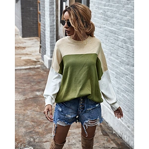 Fashion crew neck sweater color block batwing sleeve jumper loose top women knit sweater