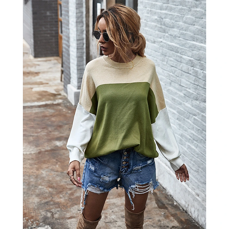 Fashion crew neck sweater color block batwing sleeve jumper loose top women knit sweater