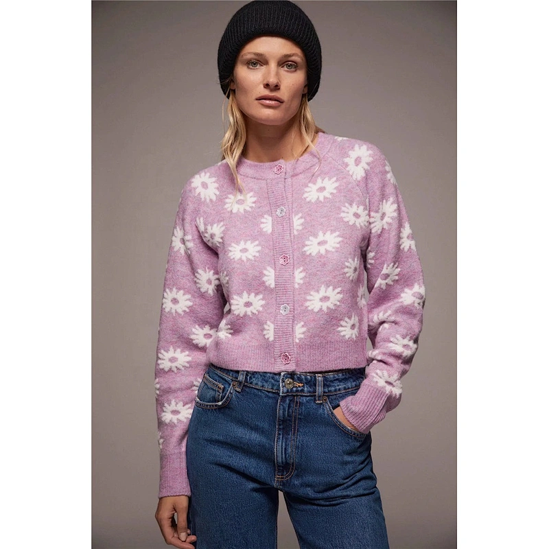 Purple women sweaters fashionable cardigans womens Floral Buttons cropped Knitted sweater