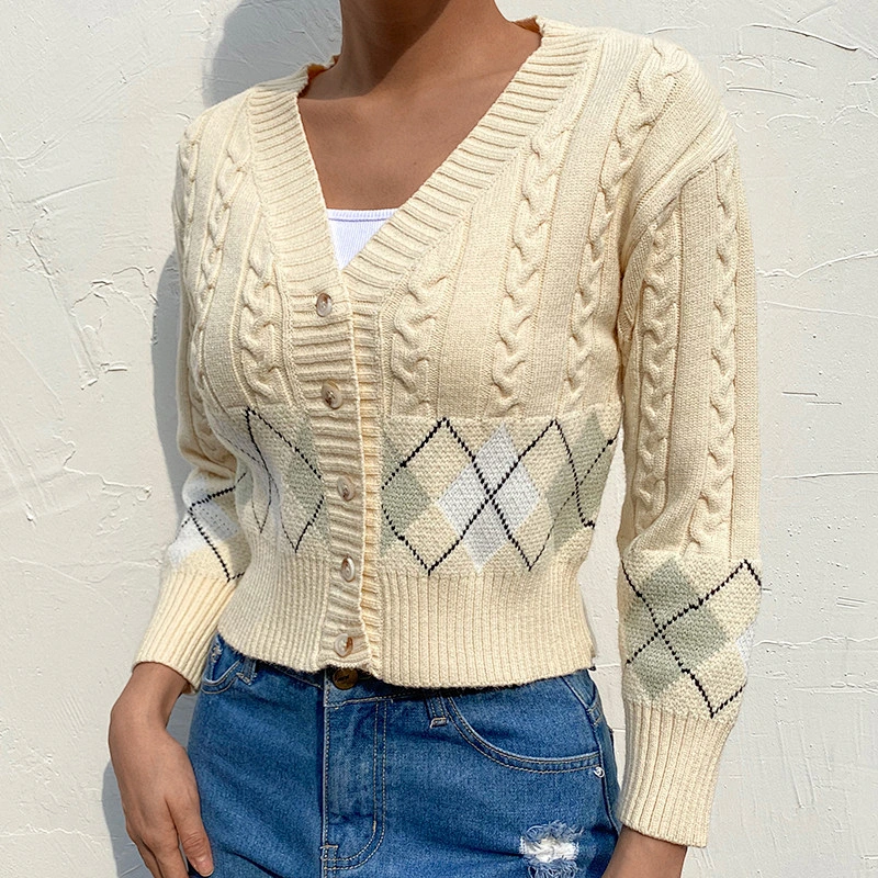 V neck Short Casual Long Sleeve sweater crop Top knit cardigan streetwear women's sweater