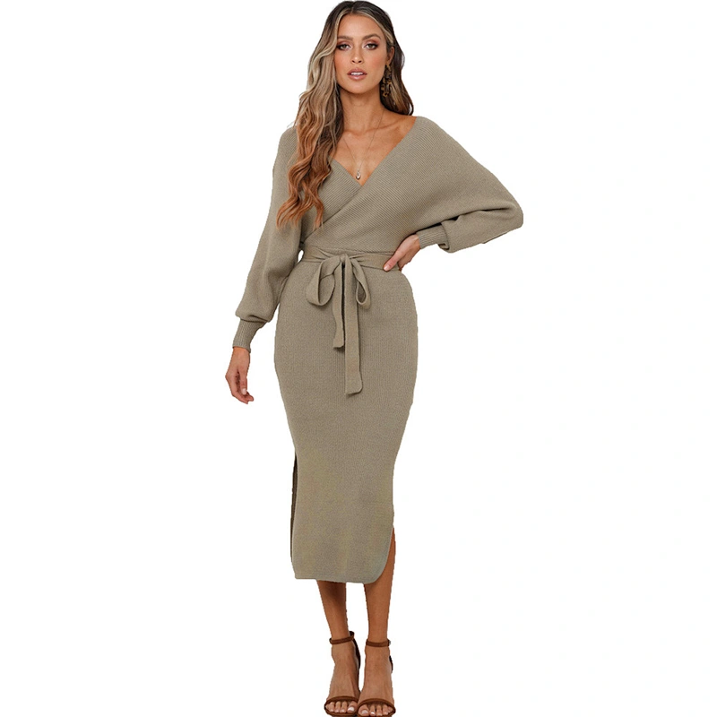 Wholesale Plus Size Oversized Solid Color V-Neck sweater women fashion winter long sleeve dresses sweater dress