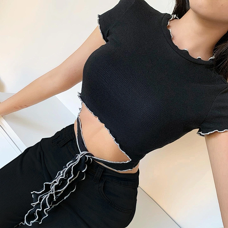 Hot Sale Personality Fashion Round Neck Tie Waist Tops Summer Clothing Knitted Short Sleeve Clothes Tomen Tassel T-shirt