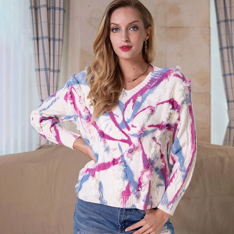 Fall new V-neck pullover knitwear long-sleeved women tie dye casual sweaters