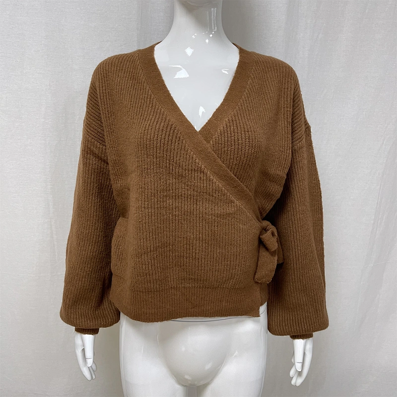 Winter lace-up solid color women's knitted sweater