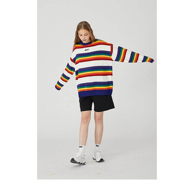 Women and men pullover jacquard sweater crew neck embroidery logo rainbow couple sweaters
