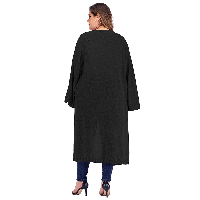 Plus size women loose pocket lantern sleeve long woven cardigan sweaters