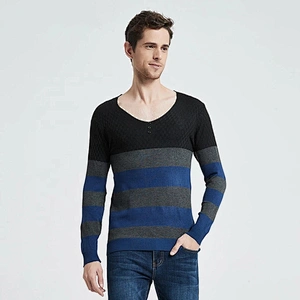 Men Casual Pullover Striped Button V-Neck Knitwear Shirt jumper Winter Cotton Men Jersey basic Sweater