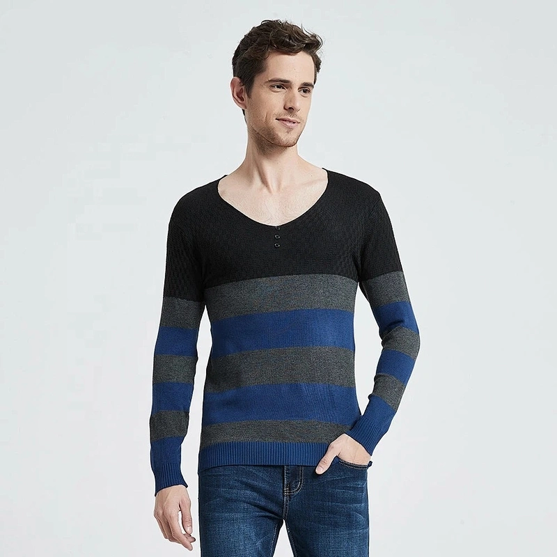 Men Casual Pullover Striped Button V-Neck Knitwear Shirt jumper Winter Cotton Men Jersey basic Sweater