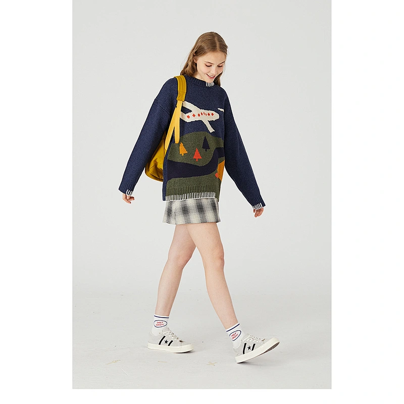 Color matching fashion cartoon plane pullover hoodie oem jacquard custom knit sweater for couples