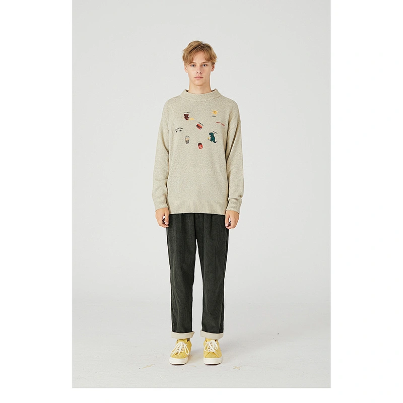 Korean couple clothes men autumn knitted pullover sweater custom loose embordered knit acrylic sweater