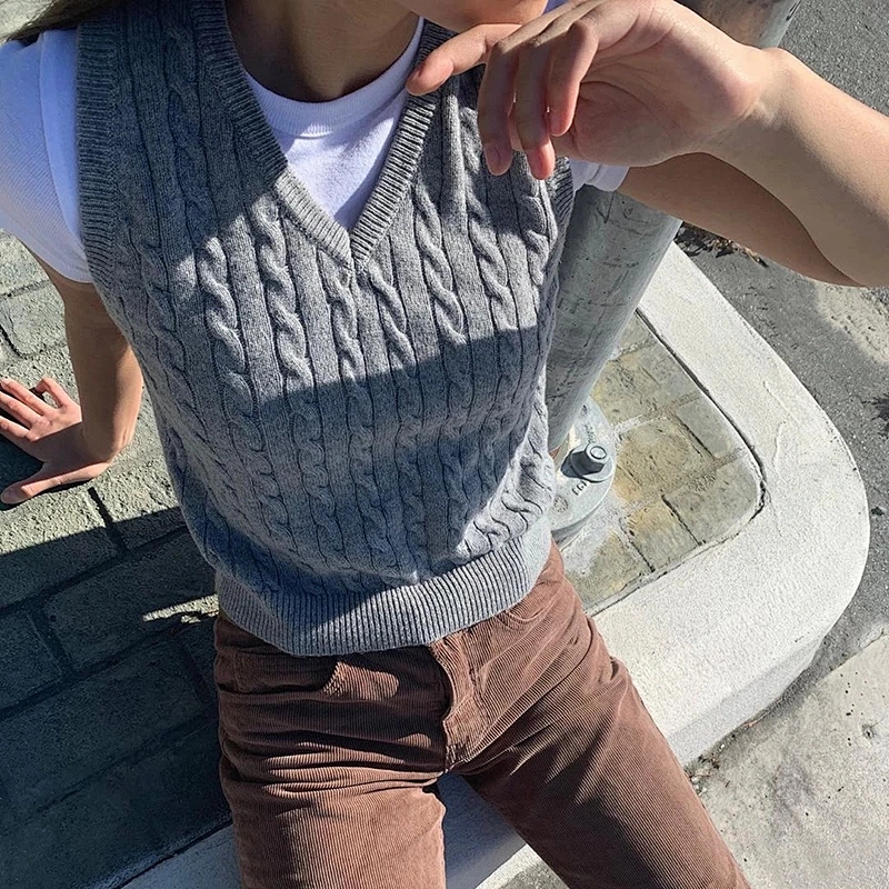Girl Sweater Vest women jumper V Neck Pullover Knitted Vests Women Crop Top Outfit