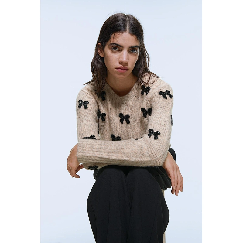 Elegant Bow Tie custom jacquard designer sweaters woolen Vintage knit crop sweaters for women