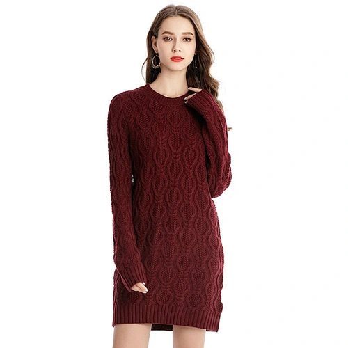Women pullover sweater casual knitwear mid-length knitted dress