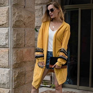 Women's cardigan sweater puff sleeve casual long knitwear sweater with pocket