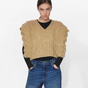 Ruffle Trims Armhole Cable custom plaid v neck argyle sweater vest women crop knitted oversize sweater vest