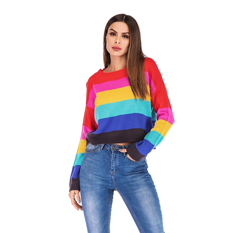 Women's loose knitwear fashion casual apparel rainbow striped long-sleeved sweater