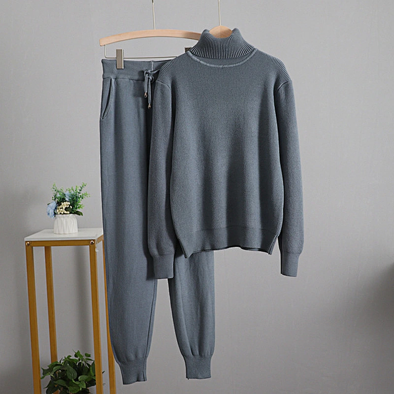 Winter Knit Sport sweater and jogger set Outfits Warm Turtleneck 2pc Women sweater sets
