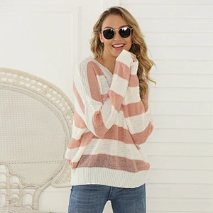 Women's striped V-neck sweater pullover loose thin sweater fall women tops