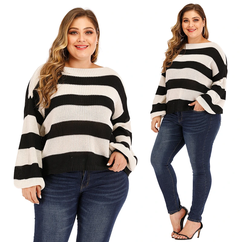 wholesale 2020 knitted Classic black and white stripes women pullover sweaters plus size sweater