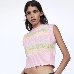 Sweet Fashion With Ribbed Trims Striped Women's Vest Sweater Vintage O Neck Sleeveless Chic Tops
