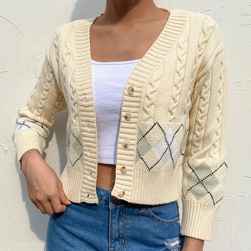 V neck Short Casual Long Sleeve sweater crop Top knit cardigan streetwear women's sweater