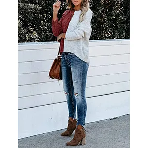Women's High Quality Winter Korean Stylish Long Sleeve Color Block Knit Sweater For Ladies Casual Loose Round Neck Pullover