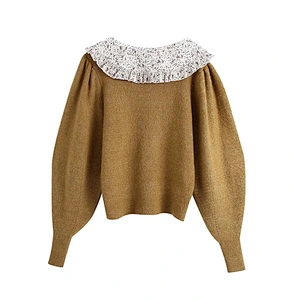 Patchwork Ruffled knit crop sexy woman sweater women casual fashion new turtle neck knitted sweater